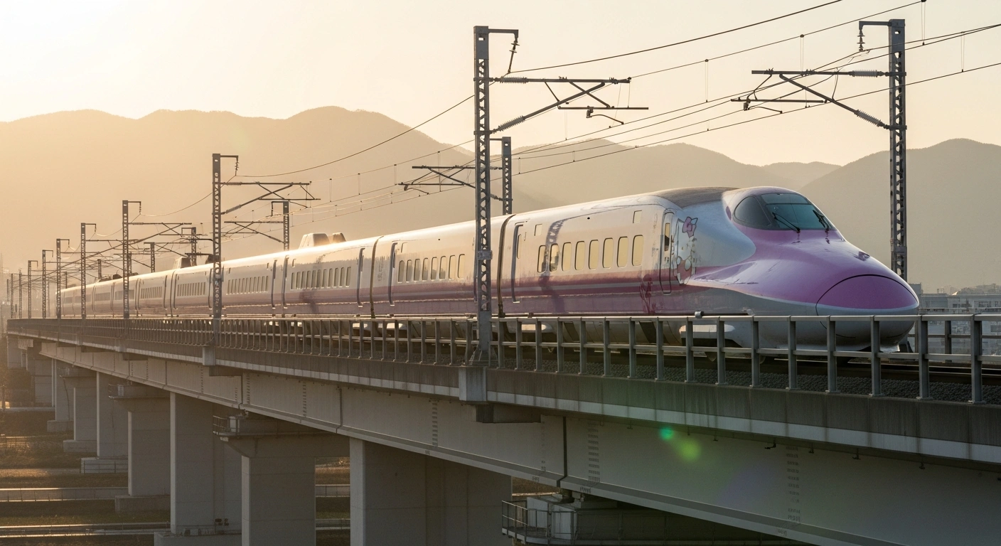 The iconic Hello Kitty Shinkansen bullet train, operated by JR West, speeds across a modern viaduct at sunset, showcasing its vibrant pink and white livery against a backdrop of Japanese mountains, symbolizing its upcoming retirement from the Sanyō Shinkansen line.