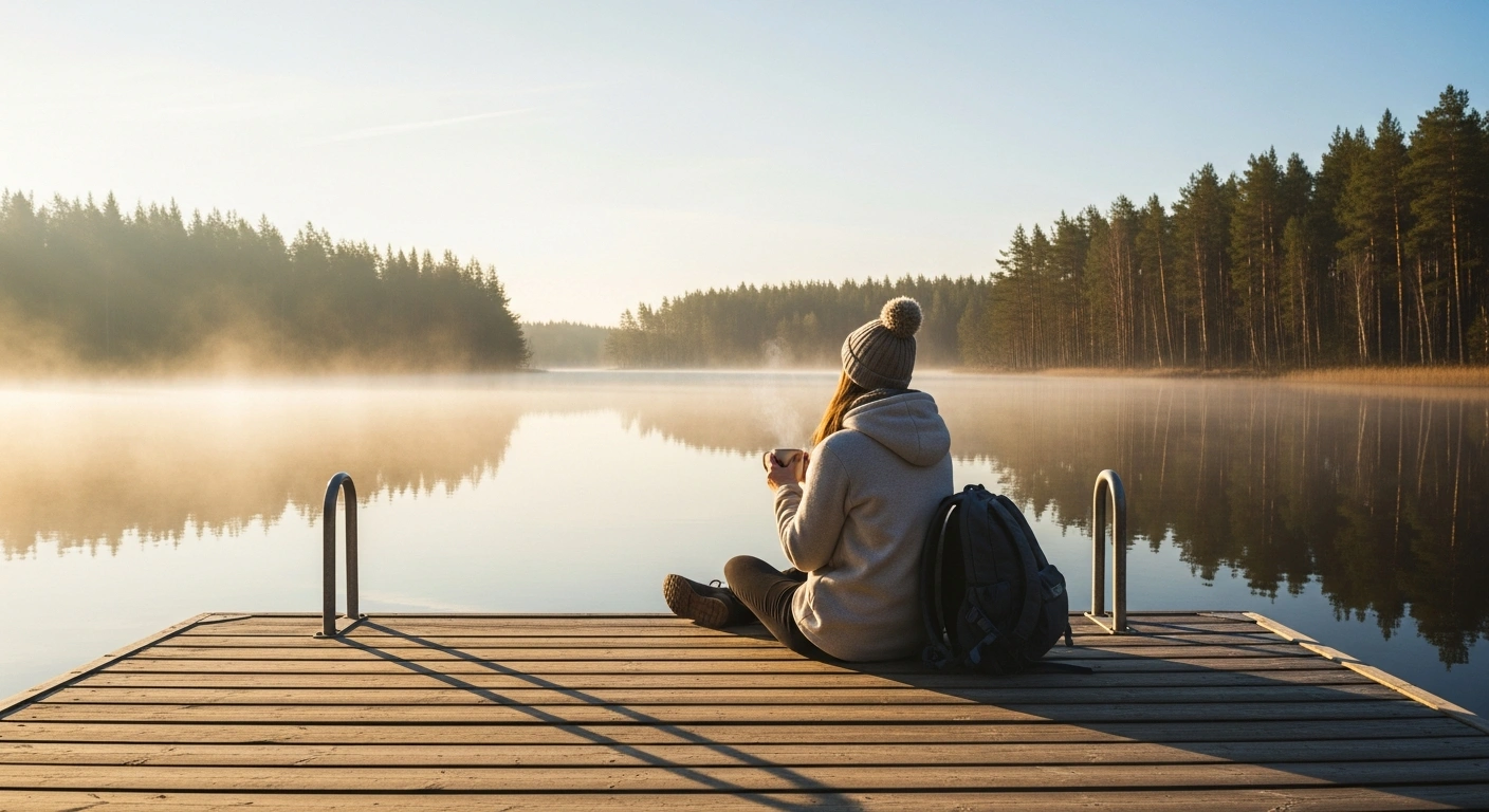 A traveler enjoys a peaceful morning on a wooden pier by a Finnish lake as part of the Helsinki Happiness Hacks initiative.