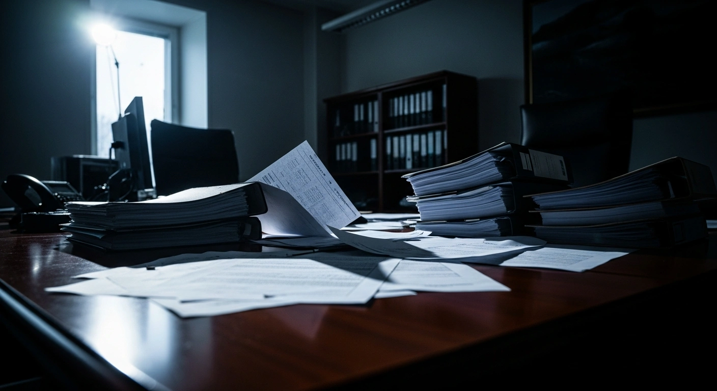 A desk filled with financial documents in a Helsinki office as part of a police investigation into property management fraud.