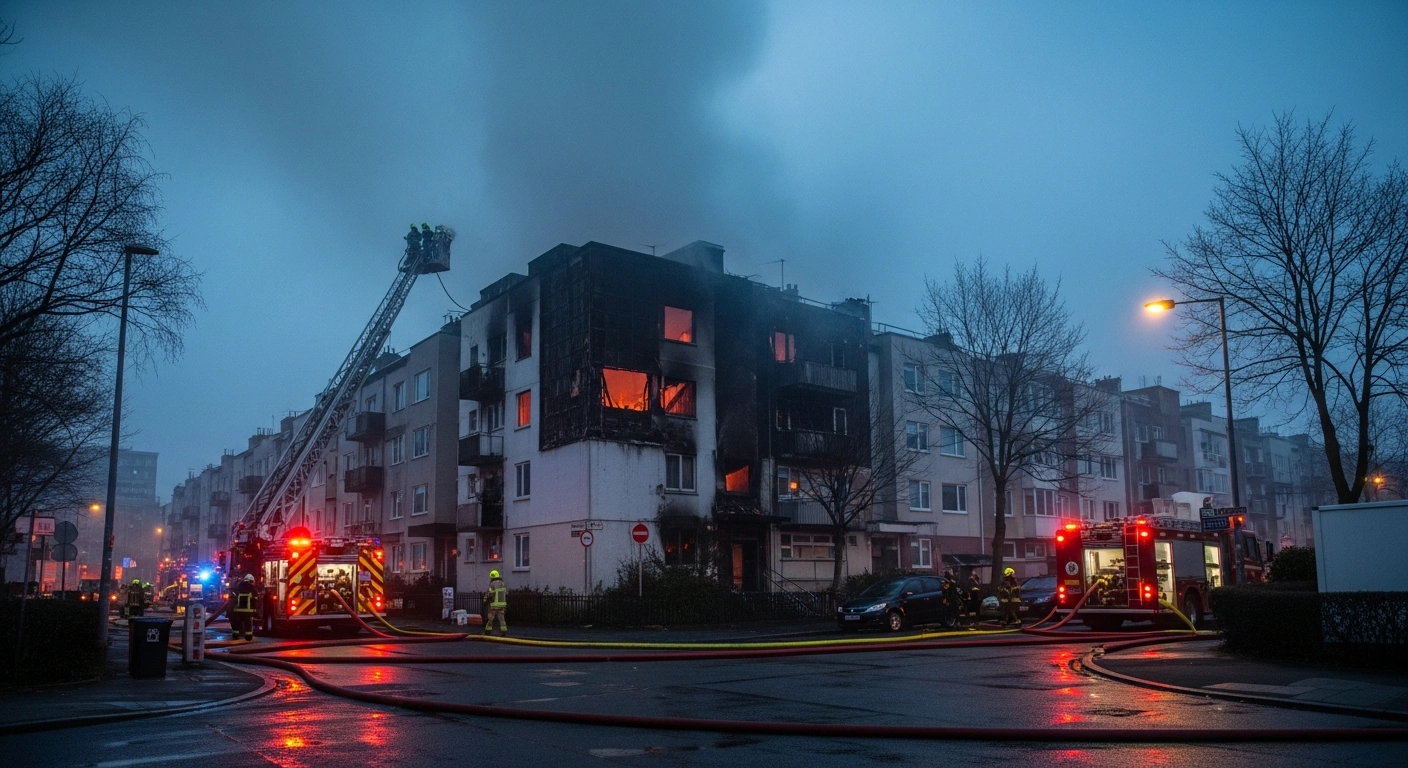 Emergency responders work at the site of a residential building fire in Henan Province, China, following a blaze that caused multiple fatalities.