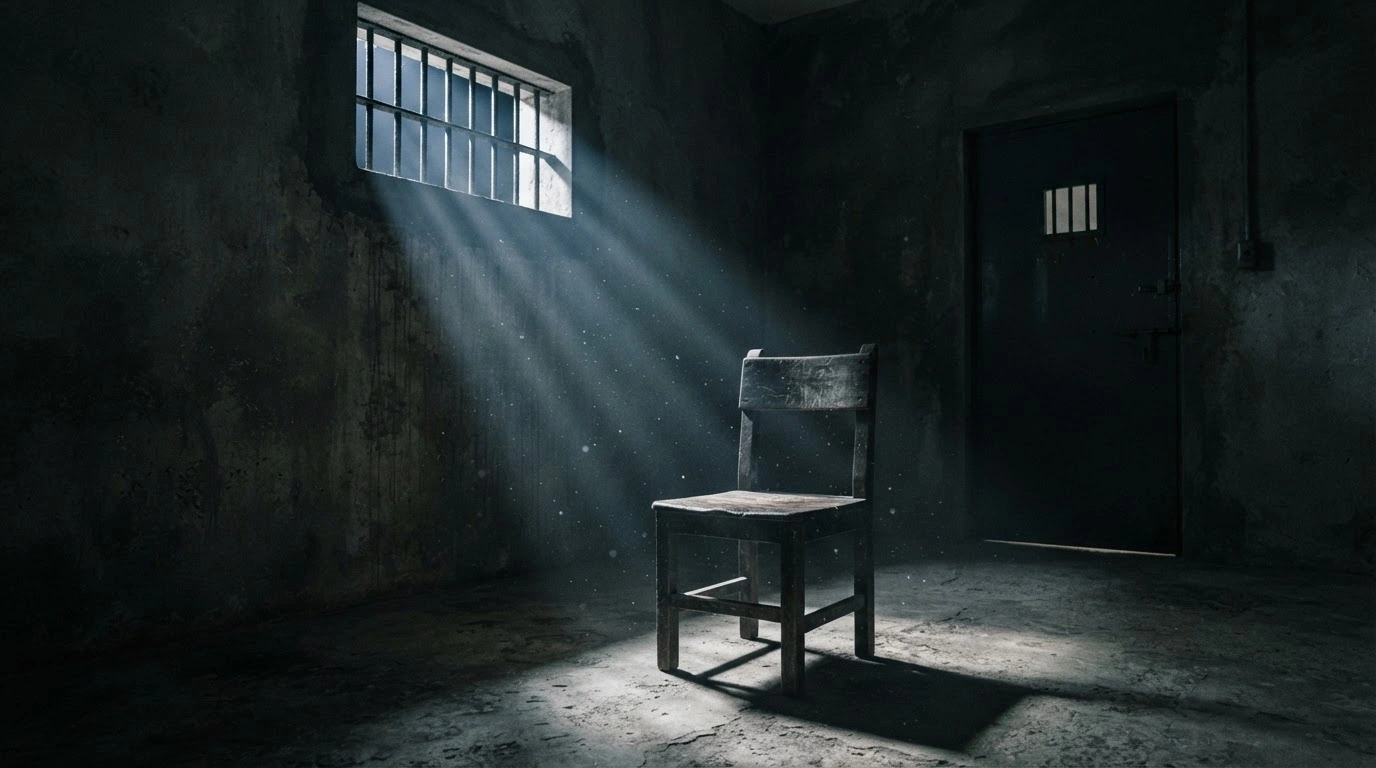 A solitary chair sits in a dimly lit, barred detention cell, representing the ongoing imprisonment of journalist Henry Constantín in Camagüey.