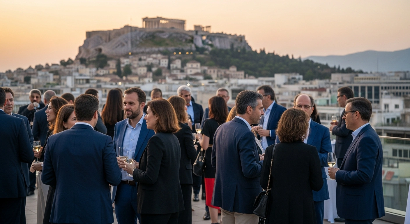 An elegant evening networking event is depicted on a rooftop terrace in Athens, Greece, with diverse attendees celebrating the 35th anniversary of the Hermes Expo International, fostering Greek-American business and diaspora connections.