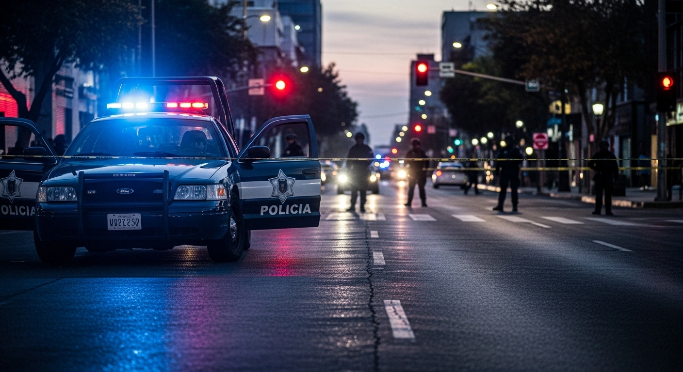 A municipal police cruiser sits at a cordoned-off crime scene in downtown Hermosillo while authorities conduct a security operation following a fatal shooting.