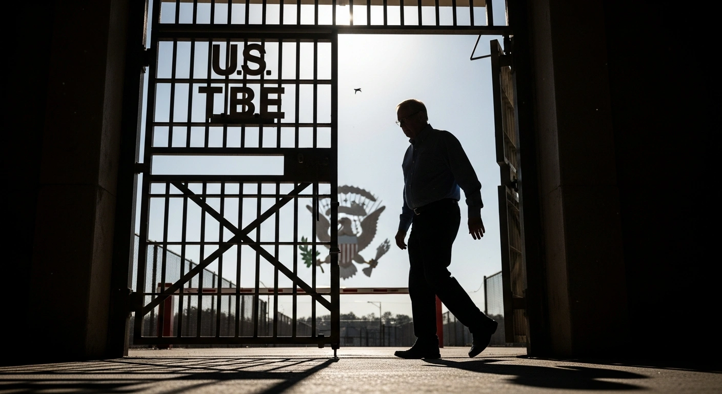 A man representing former Honduran President Juan Orlando Hernández is shown emerging from the shadowy gates of a U.S. prison, symbolizing his release following a pardon by President Donald Trump for cocaine trafficking, with a subtle, blurred hint of political imagery in the background.