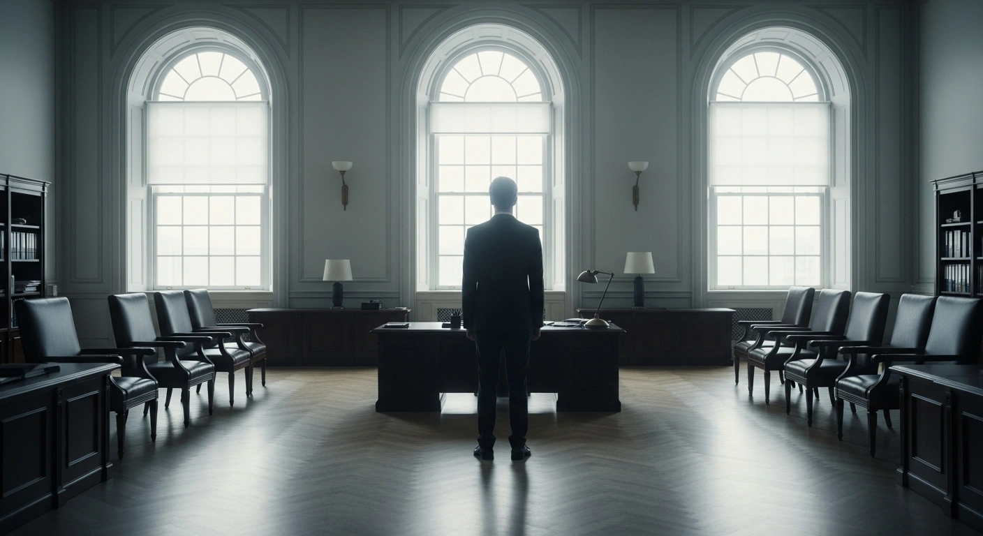 A wide shot of a formal, coolly lit office with a solitary, impeccably dressed figure standing with their back to the camera, symbolizing the denial by Israeli President Isaac Herzog's office of former U.S. President Donald Trump's assertion regarding a pardon for Prime Minister Benjamin Netanyahu.