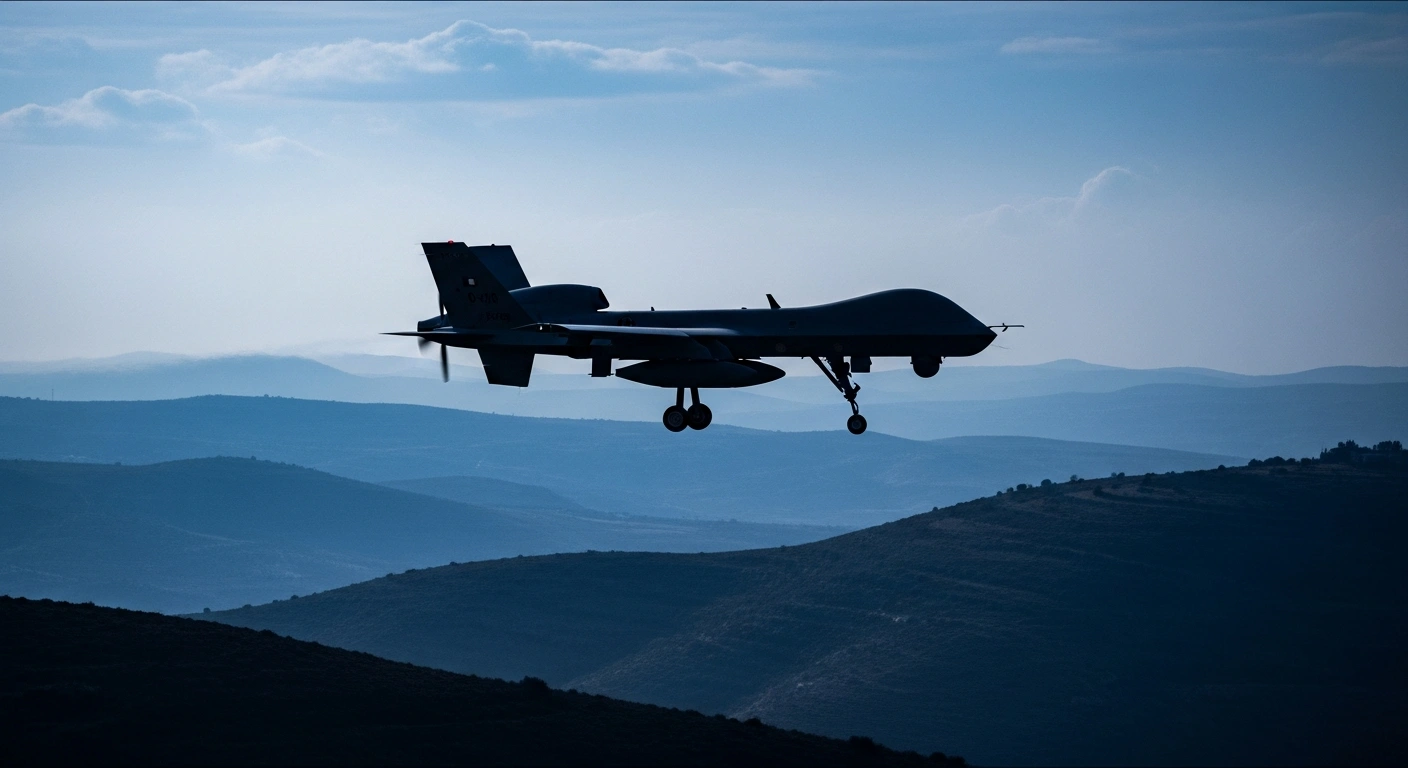 A military drone flies over the landscape of southern Lebanon following reports of a delayed disclosure regarding a ceasefire violation.