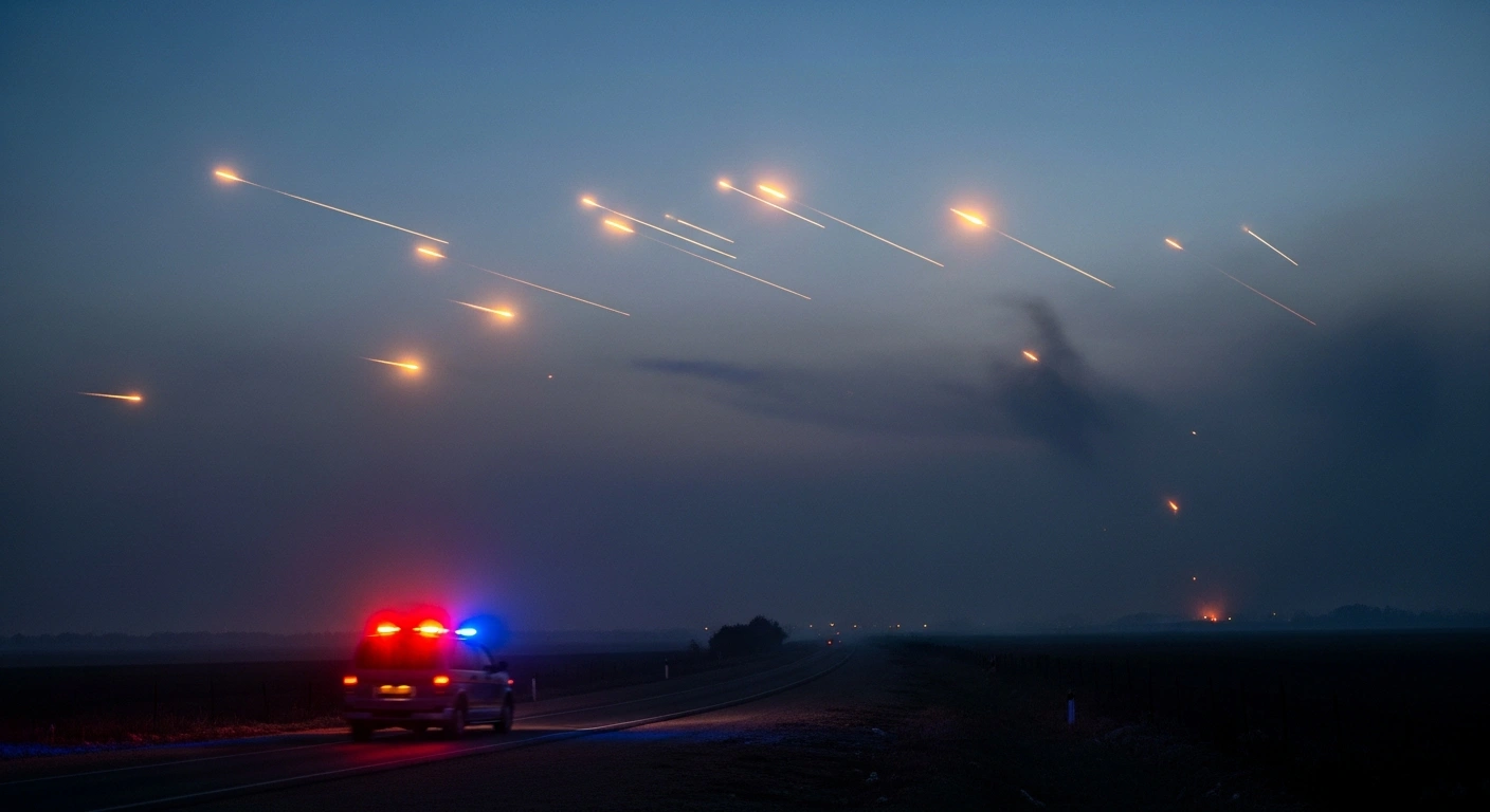 Emergency vehicles respond to a rocket barrage launched by Hezbollah toward northern Israel as residents seek shelter.