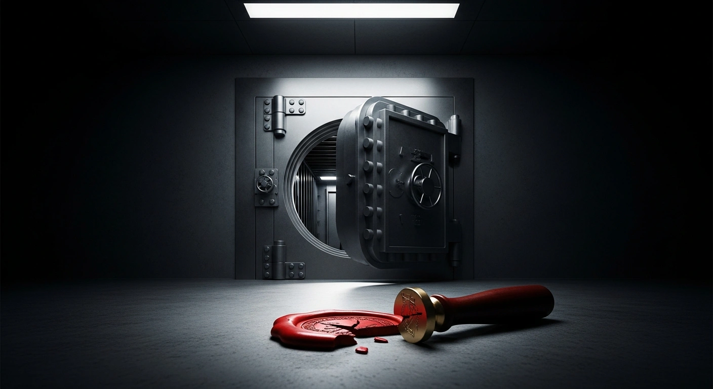 A stark, cold metallic vault door, slightly ajar, with a broken red wax seal on the concrete floor, illuminated by harsh fluorescent light, representing the U.S. Department of Health and Human Services' action to freeze over $10 billion in federal child care and family assistance funds for California, Colorado, Illinois, Minnesota, and New York due to fraud concerns.