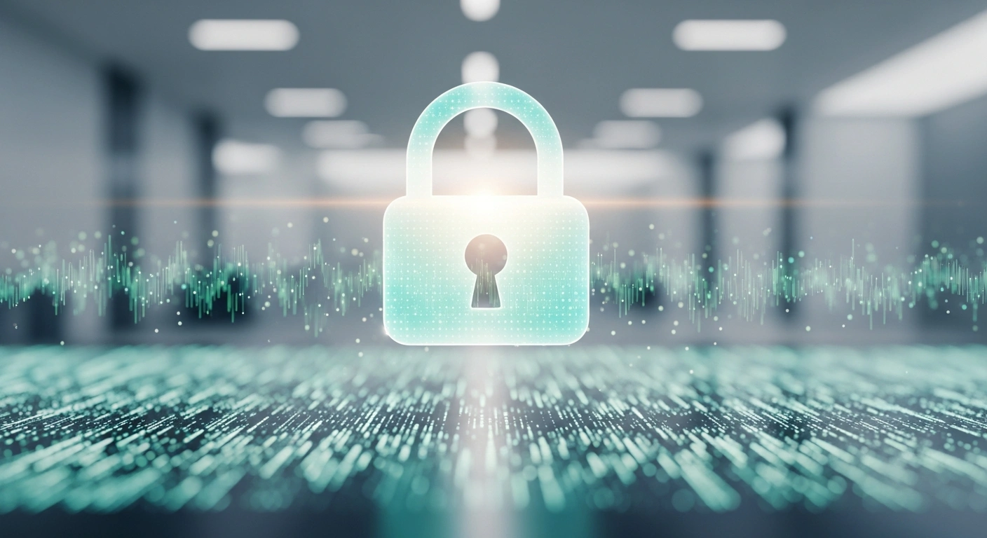 A digital lock icon, glowing with blue and green light, hovers protectively over abstract data in a modern clinical setting, symbolizing the U.S. Department of Health and Human Services' new civil enforcement program to protect substance use disorder patient records by aligning 42 CFR Part 2 with HIPAA.