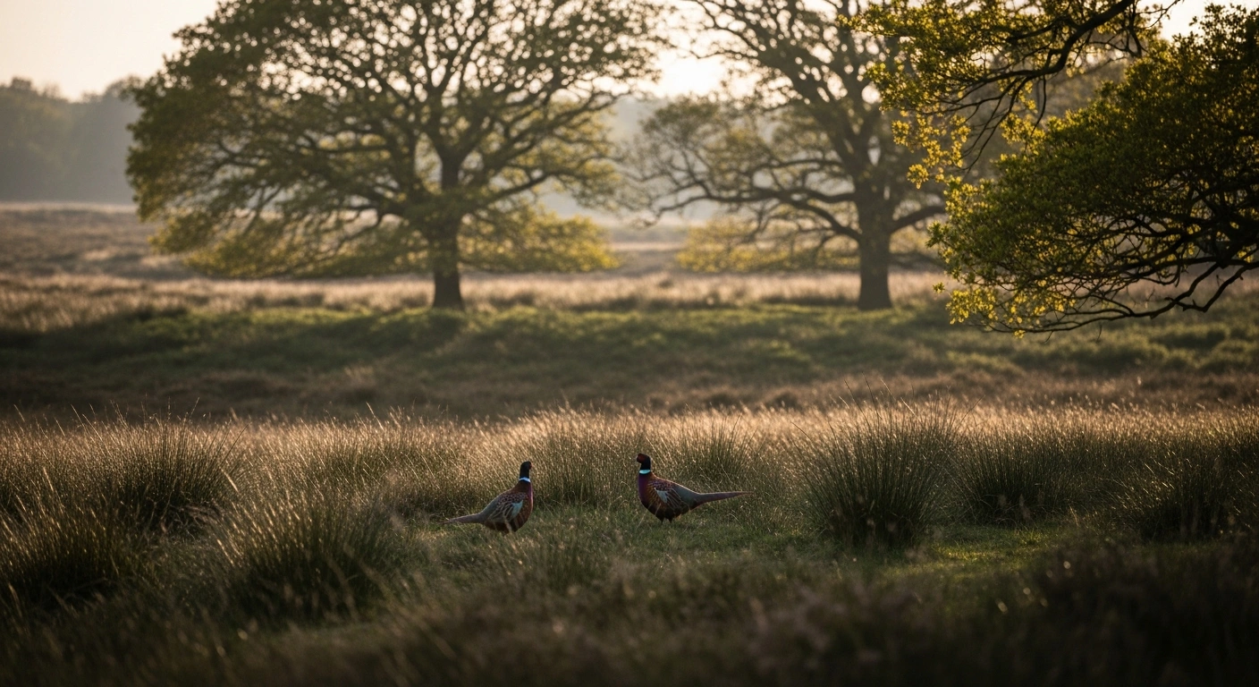 A pair of pheasants stands in a protected British moorland, representing the game bird release case involving the British Association for Shooting and Conservation and Natural England.