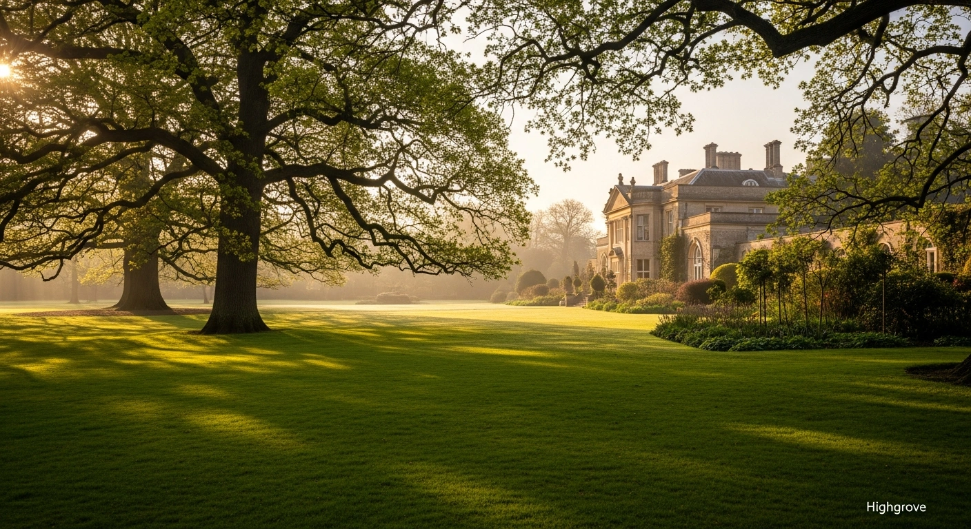 The exterior of the historic Highgrove Estate is shown under soft golden hour lighting, representing the setting of rumored private royal family gatherings.