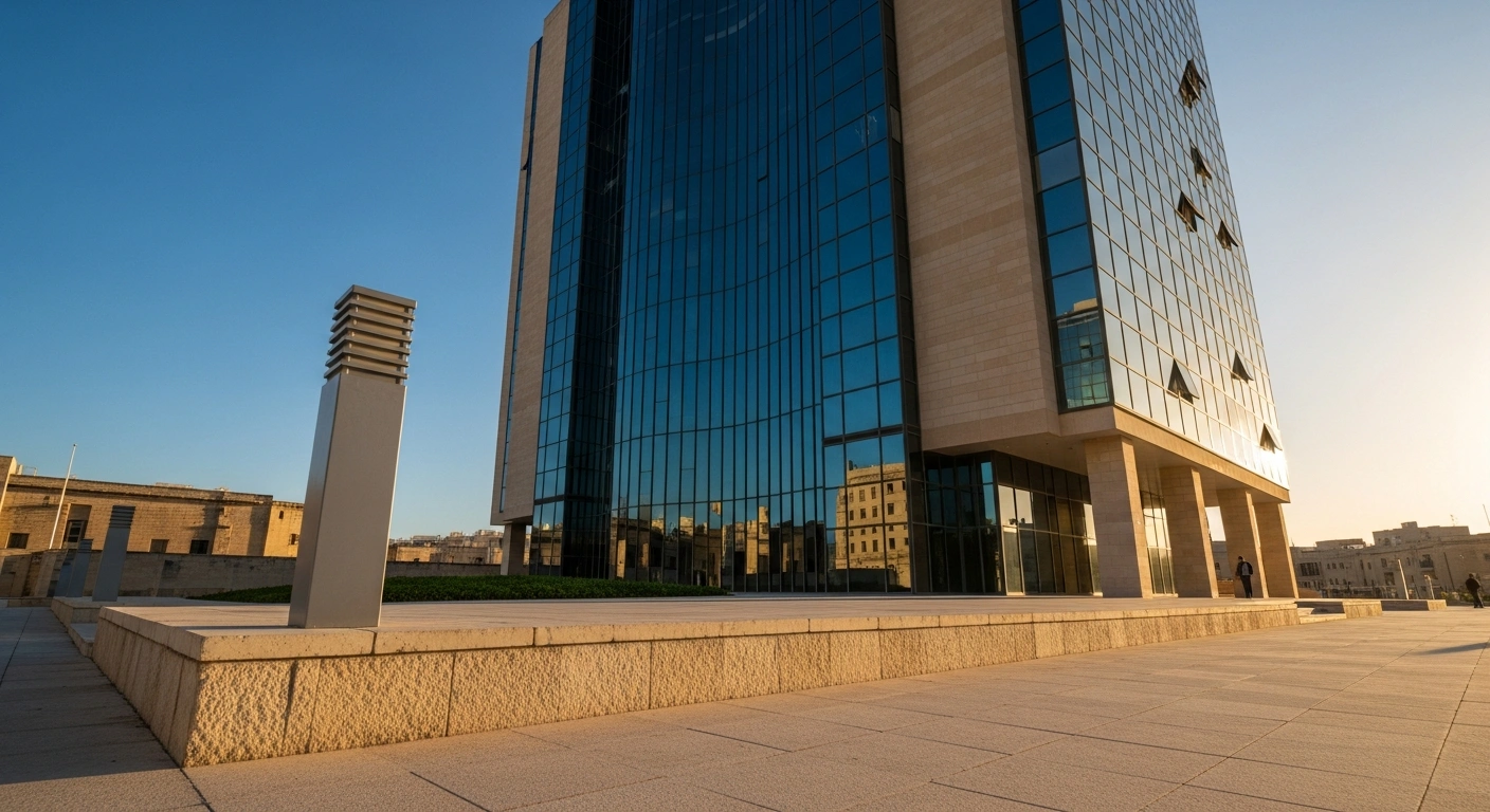 A sun-drenched, modern financial building in Malta stands prominently at golden hour, with a stylized, robust pillar in the foreground symbolizing the secure €60 million bond issue by Hili Finance Company plc, guaranteed by Hili Ventures Ltd, for investment and expansion.