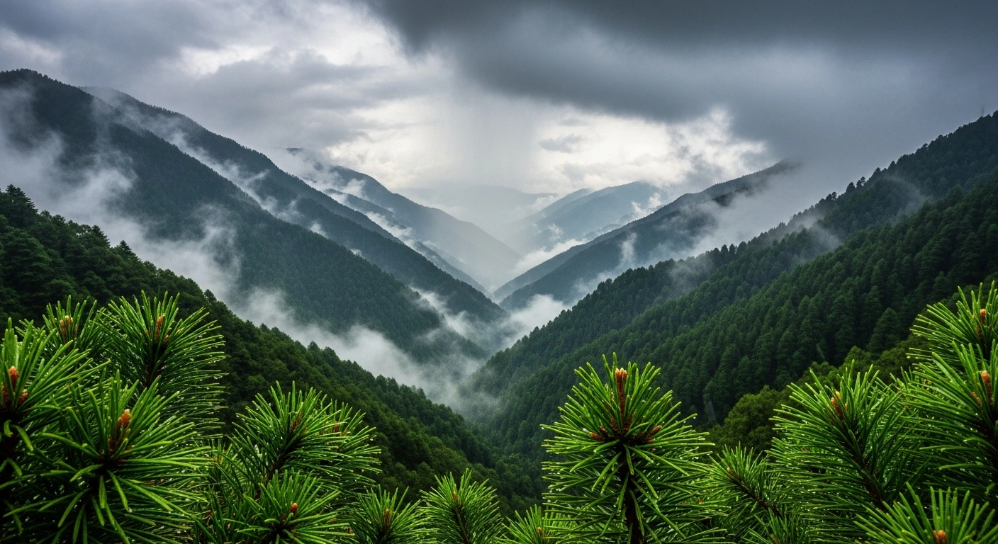 Rain falls over the lush, mist-covered mountains of Himachal Pradesh, providing relief from recent heatwave conditions.