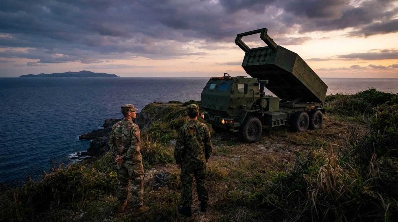 A U.S. military HIMARS rocket system is positioned on a cliffside in Yonaguni, Japan, during a joint training exercise with the Japan Self-Defense Forces.