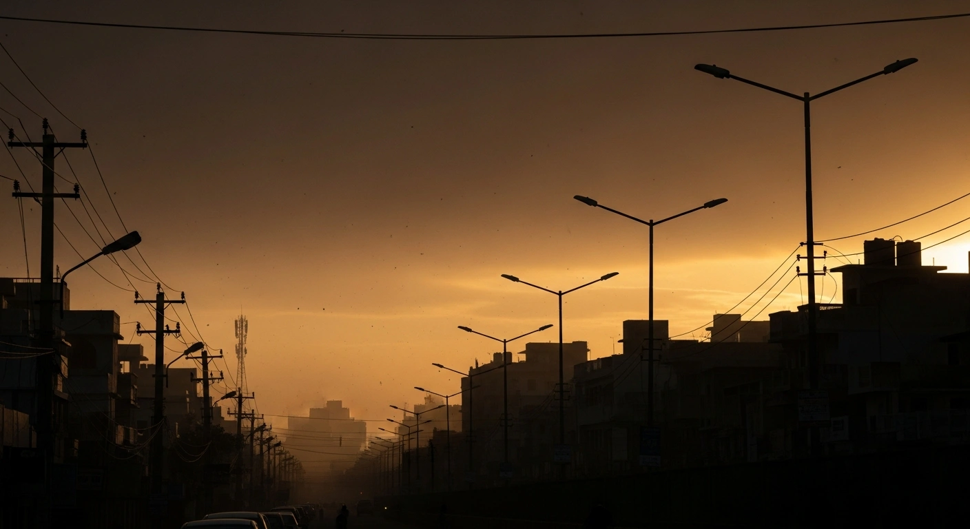 A cinematic view of a North Indian cityscape at dusk reflecting the atmosphere after a 6.2 magnitude earthquake in the Hindu Kush region.
