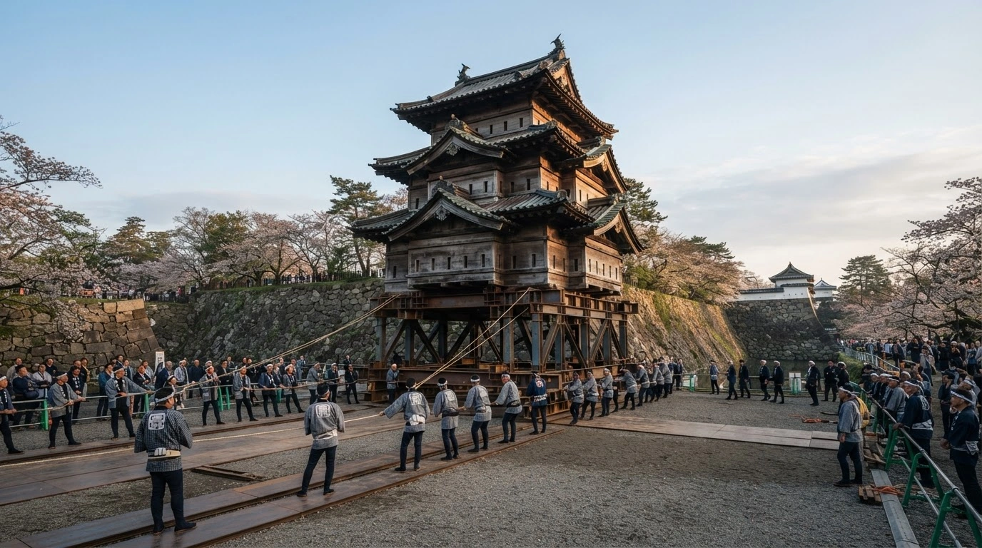 The historic Hirosaki Castle keep is being moved on a steel frame by a large group of people to facilitate stone wall repairs in Aomori Prefecture.