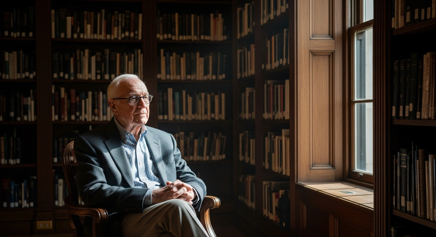 A portrait of historian Gordon S. Wood sitting in a library filled with books, reflecting his scholarly career as an expert on the American Revolution.