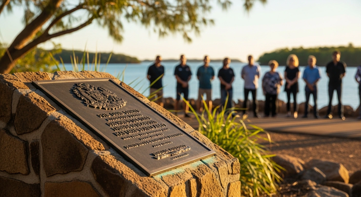 A bronze memorial plaque stands on a stone plinth in Darwin, Australia, commemorating the 1943 sinking of the HMAS Patricia Cam and the shared sacrifice of the Royal Australian Navy and the Yolŋu people.