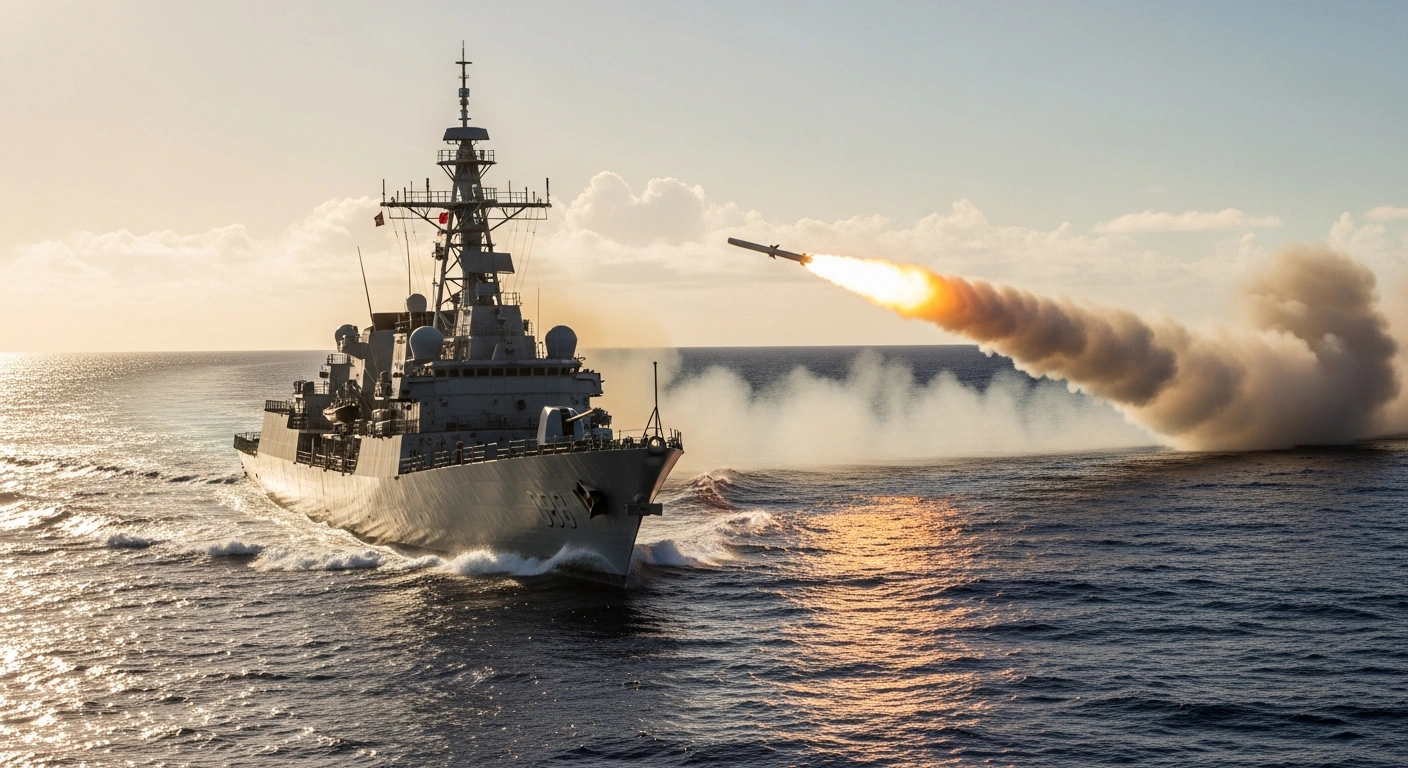 The Royal Australian Navy destroyer HMAS Sydney fires a Naval Strike Missile during the RIMPAC 2024 naval exercise off the coast of Hawaii.