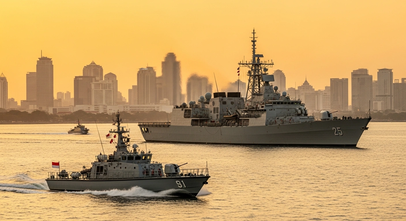 The Royal Australian Navy's HMAS Toowoomba is depicted docked in Jakarta, Indonesia, at sunset, with an Indonesian Navy patrol boat approaching, symbolizing the defense diplomacy and interoperability fostered during its recent port visit.