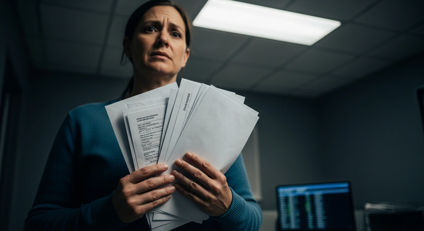 A weary parent clutches official documents in a sterile room, their face showing confusion and frustration, symbolizing the erroneous flagging of legitimate child benefit claimants in a UK HMRC fraud investigation due to incomplete travel data.