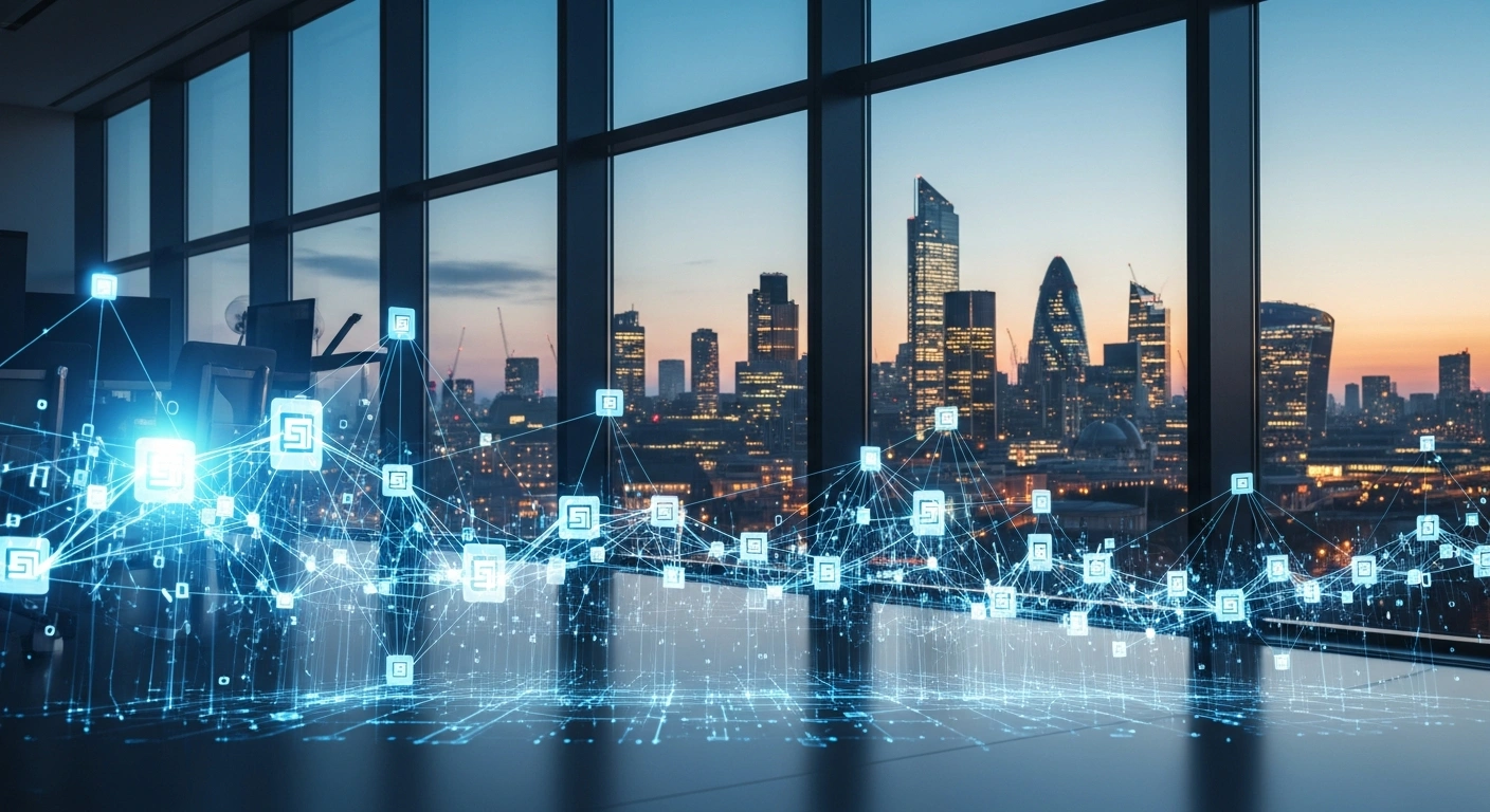 A digital visualization of an AI network representing the partnership between HMRC and Quantexa to detect financial crime.
