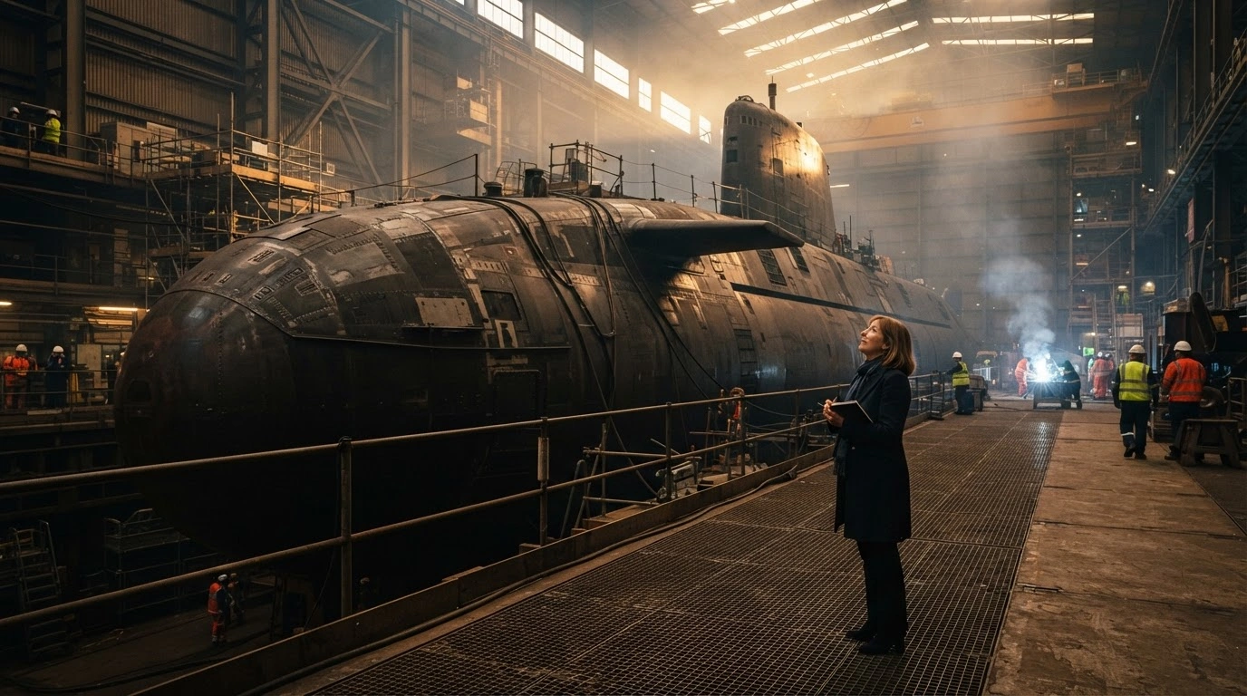 Baroness Martha Lane Fox inspects the construction of the HMS Achilles submarine at the BAE Systems shipyard in Barrow-in-Furness.