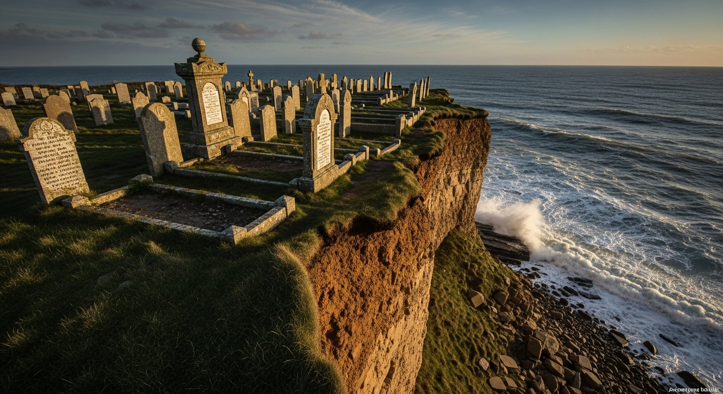 Historic graves of HMS Invincible sailors sit on an eroding cliff edge in Happisburgh, Norfolk, threatened by coastal erosion.