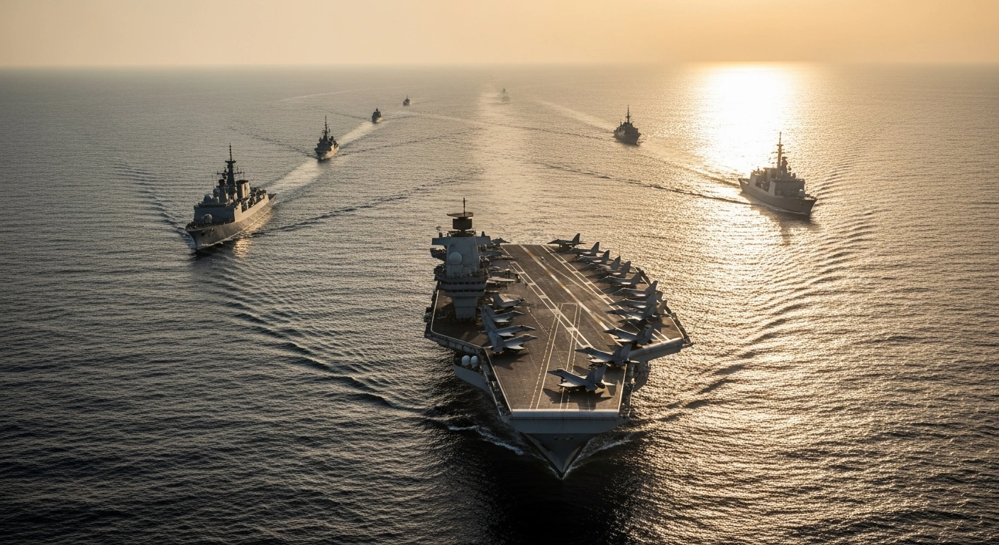 A dramatic aerial view at sunset captures the UK Carrier Strike Group, spearheaded by HMS Prince of Wales, navigating the Mediterranean Sea during NATO's Exercise Falcon Strike, with fighter jets active on its deck and other multinational vessels in formation.