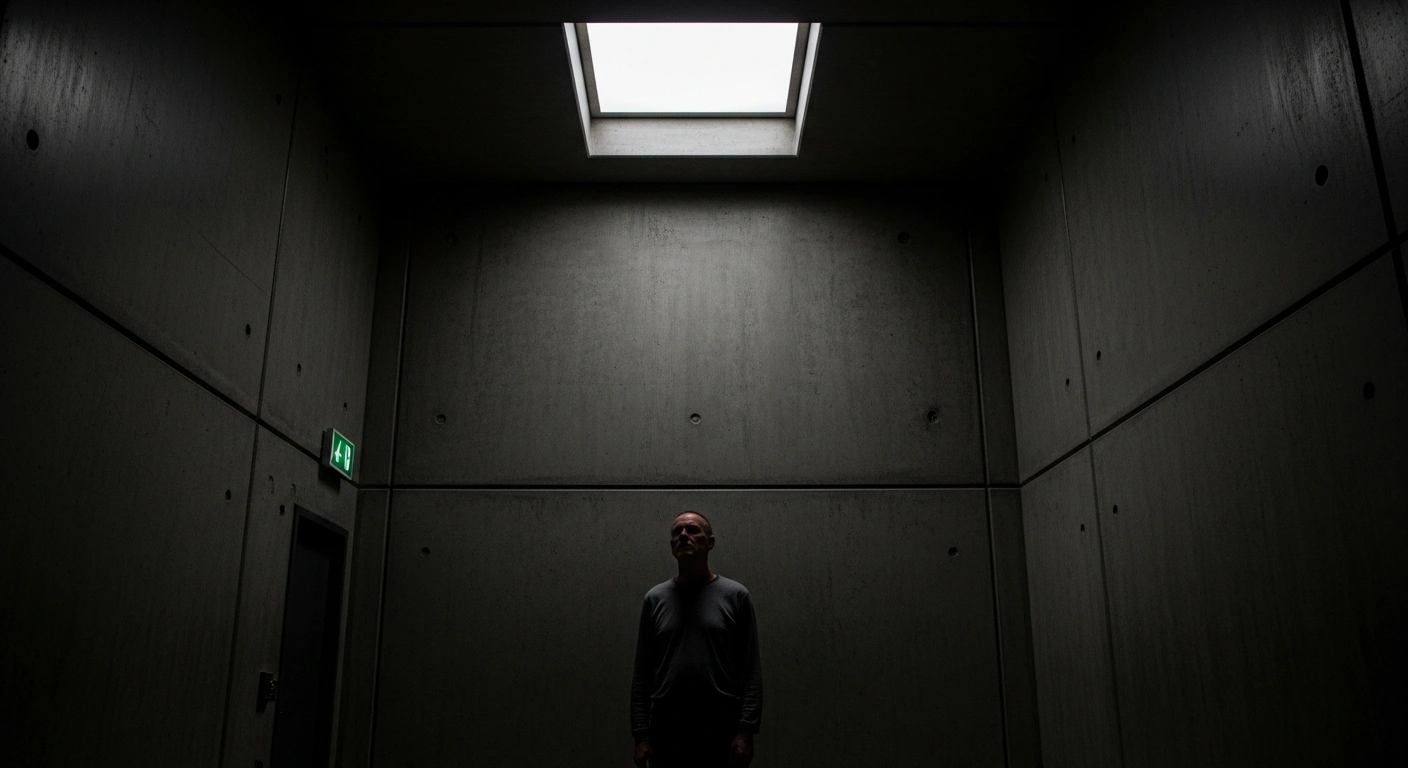 A lone man, representing Czech national Hoang Tran, stands silhouetted in a stark, concrete interrogation room under cold light, symbolizing his 13-year sentence by a Russian court in occupied Luhansk Oblast for mercenary work while fighting for Ukraine.