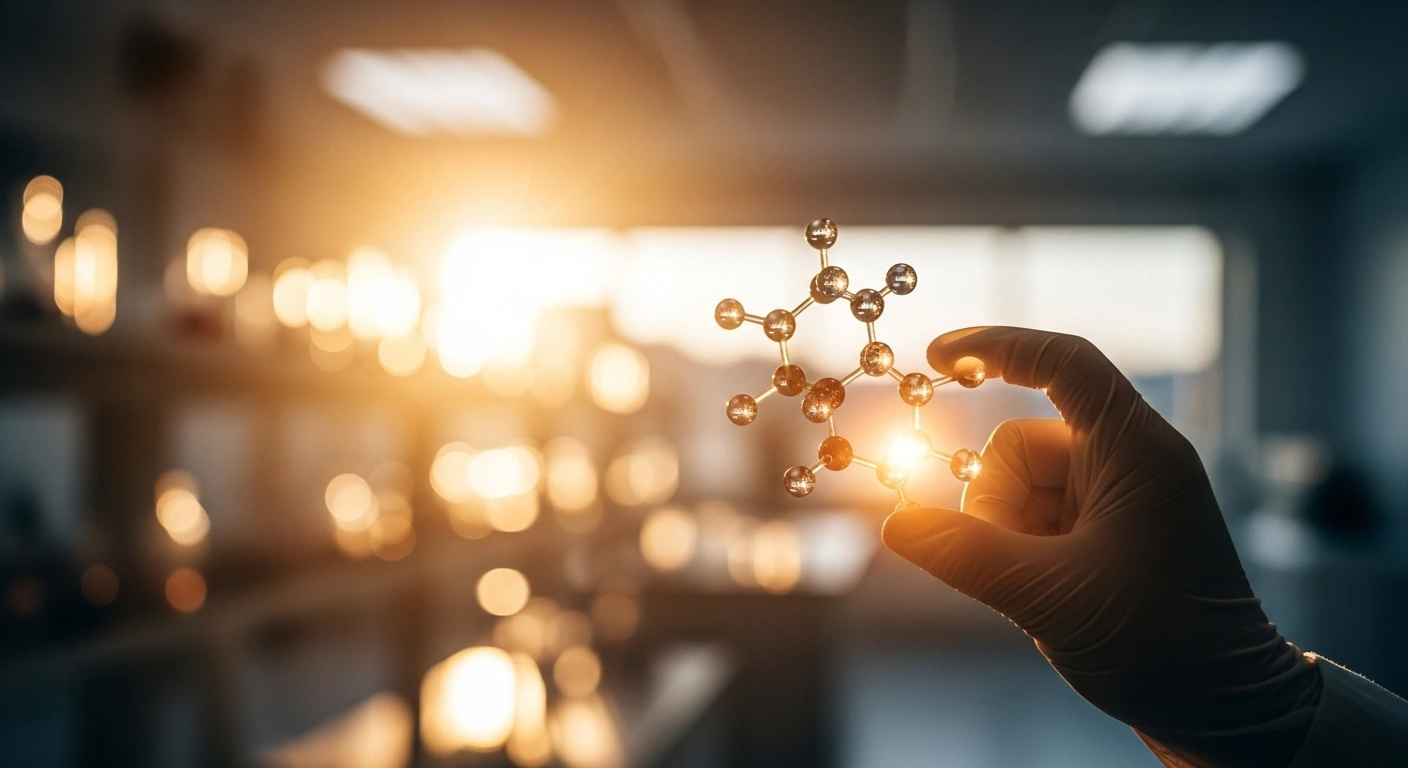 A gloved hand in a modern laboratory holds a glowing, intricate molecular structure, symbolizing Hofseth BioCare ASA's private placement and partial divestment of AecorBio Inc. shares to fund nutraceutical growth and prostate cancer drug development.