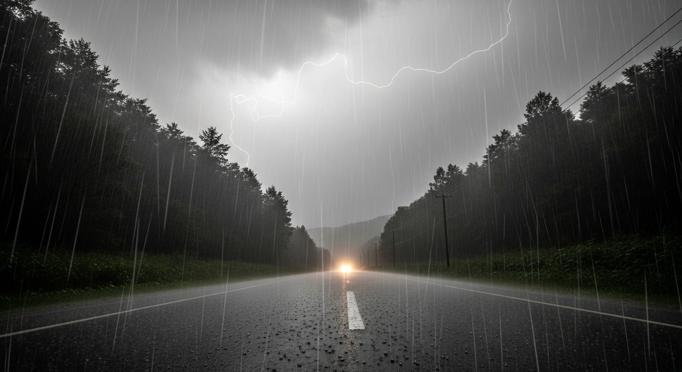 A wide, low-angle view of a rain-soaked rural road in Hokkaido, Japan, under a heavy rain warning, depicting torrential downpour and ominous skies, reflecting the severe weather conditions and risk of landslides and flash floods.