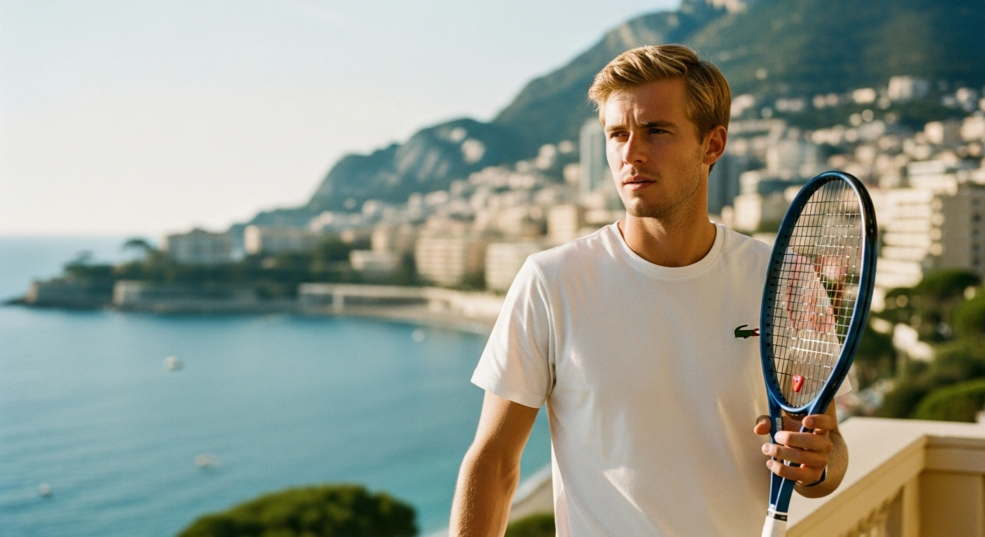 Danish tennis player Holger Rune stands on a balcony in Monaco after returning from his training sessions in Qatar.
