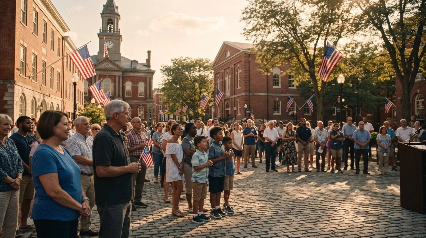 A diverse crowd of people gathers in a historic Holyoke town square to participate in a public reading of the Declaration of Independence as part of the United States Semiquincentennial celebration.