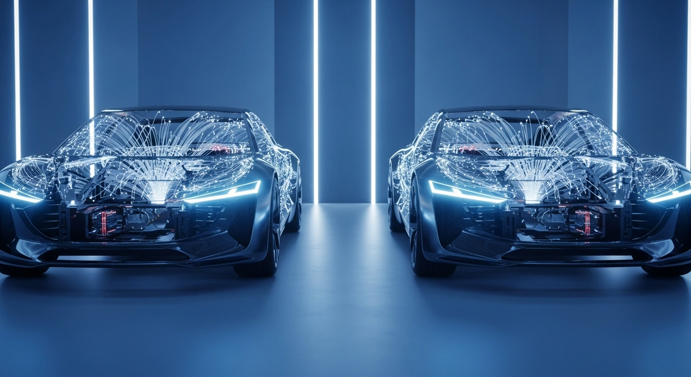 Two futuristic concept car chassis are displayed in a high-tech laboratory to represent the strategic partnership between Honda and Nissan for developing software-defined vehicle technology.