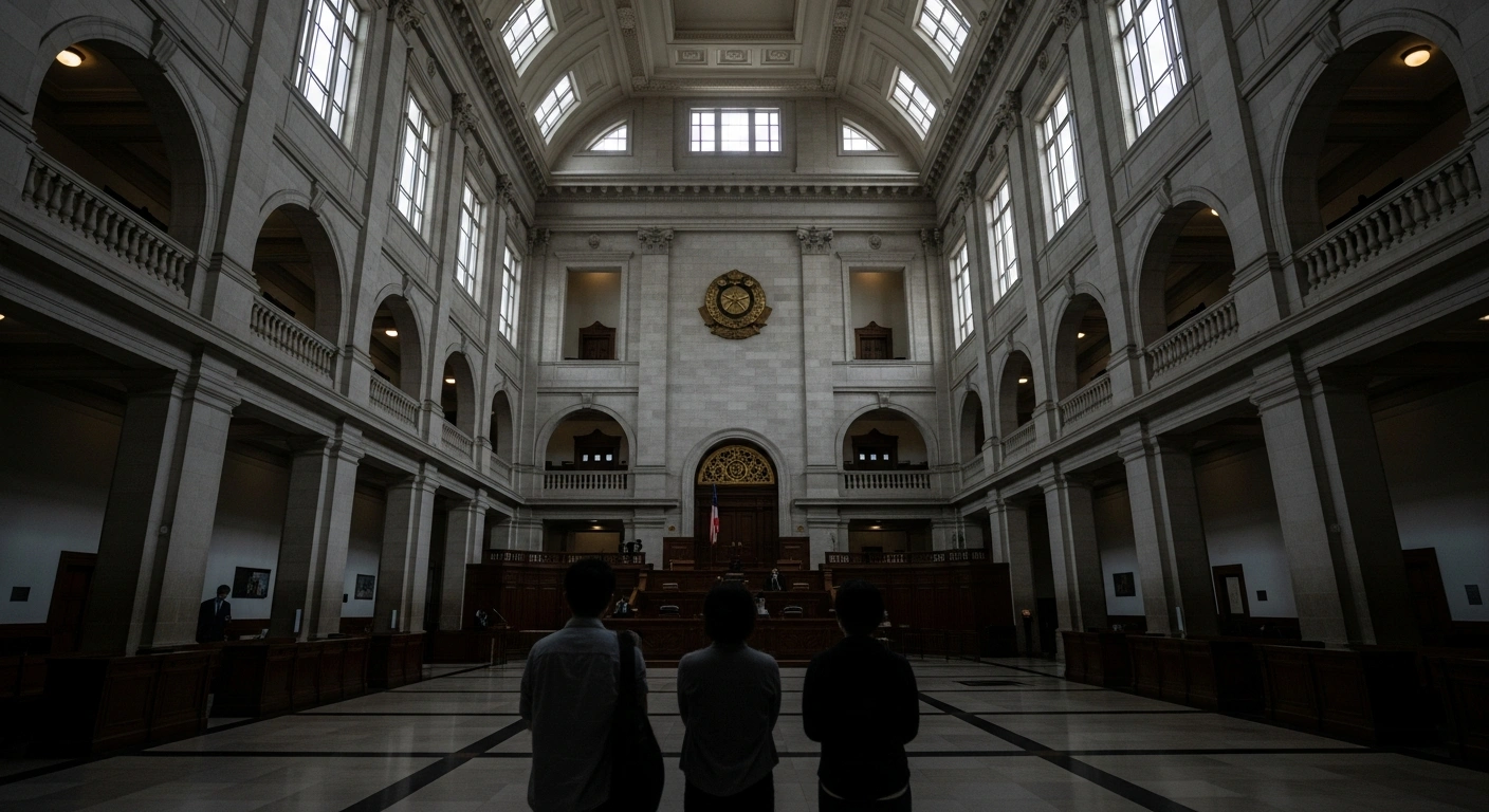 A somber, wide-angle view inside a grand Hong Kong courthouse, depicting the weighty atmosphere as the Court of Appeal dismissed appeals for 12 pro-democracy activists, upholding their convictions in a national security trial.