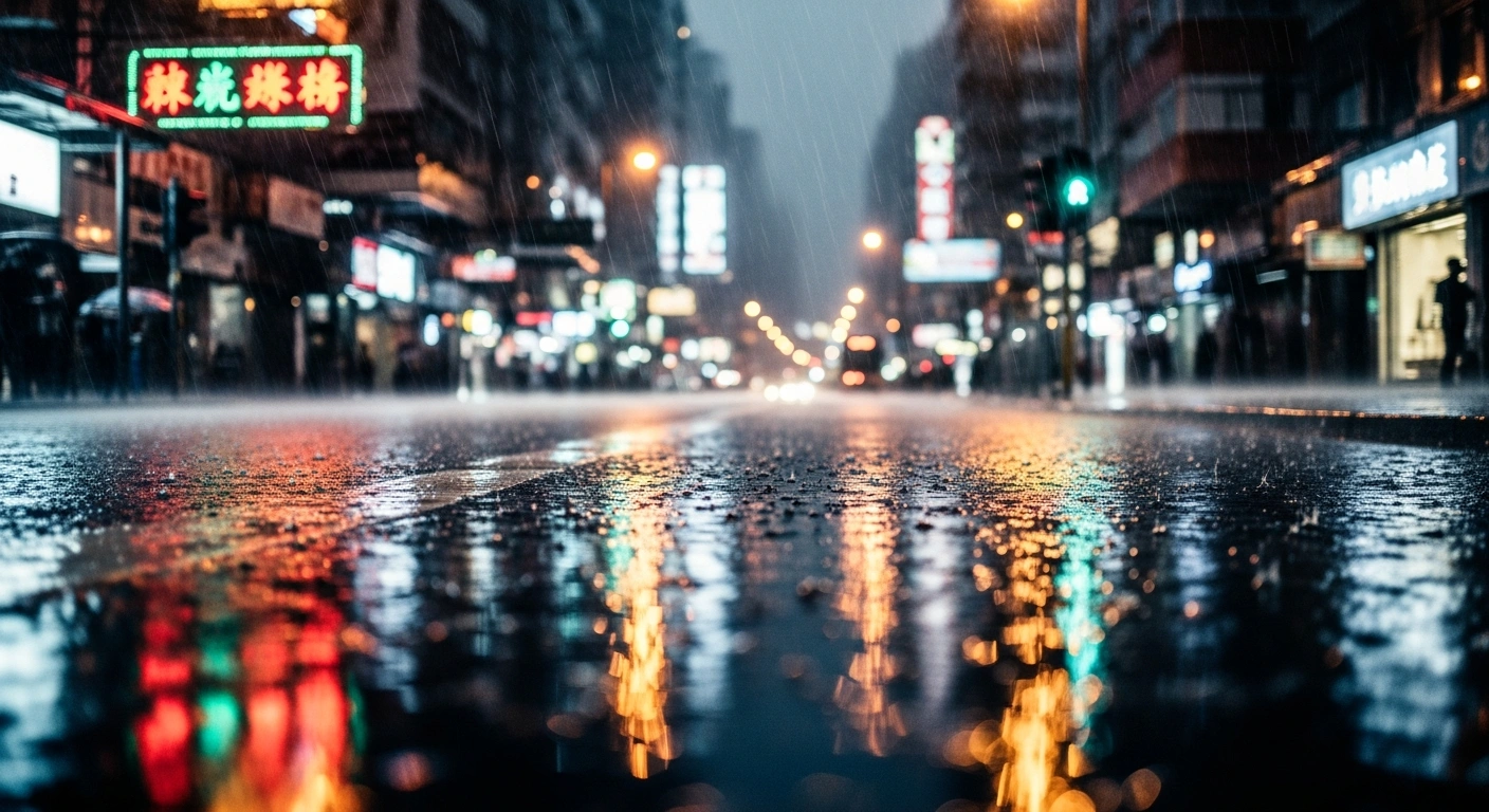 Heavy rain and severe thunderstorms flood a city street in Hong Kong during an amber rainstorm warning.