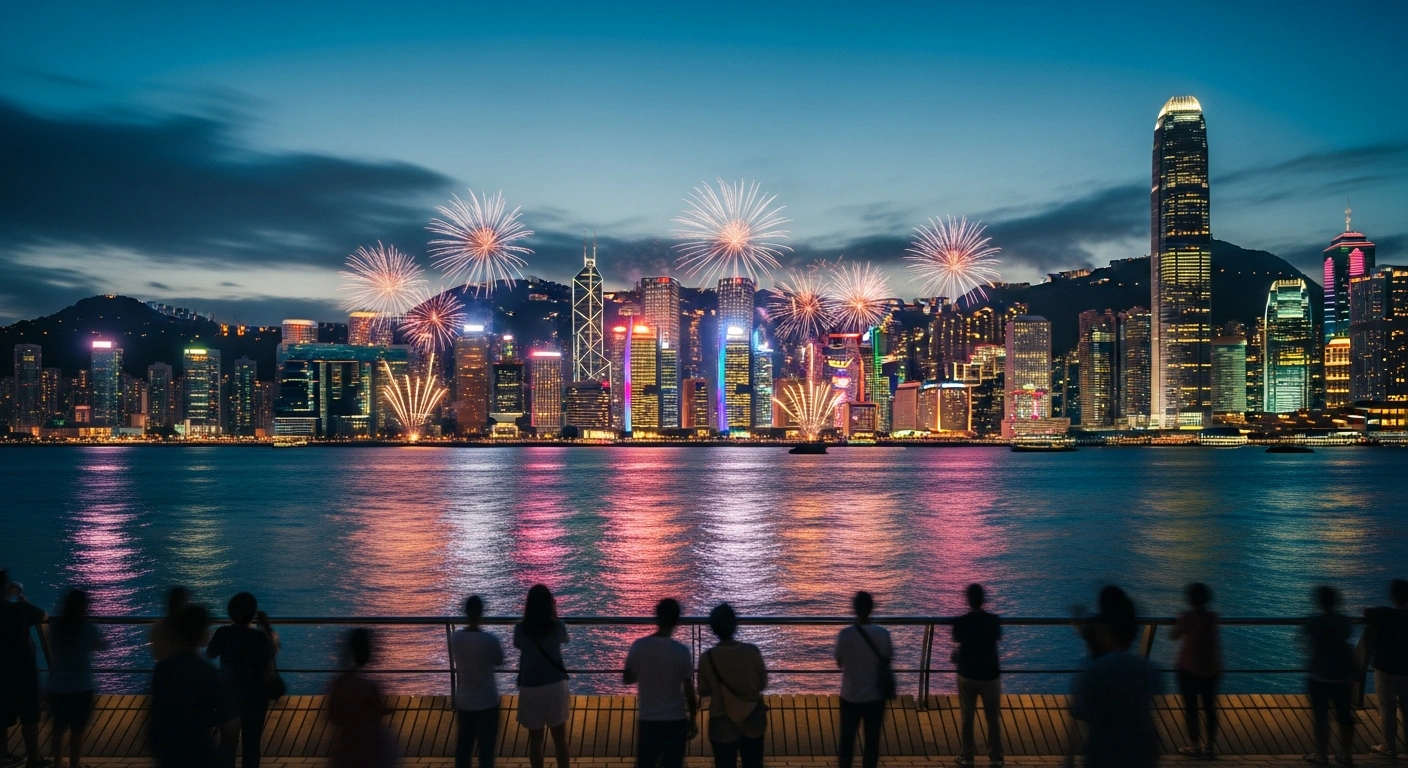 A vibrant fireworks display illuminates the Hong Kong skyline over Victoria Harbour during the 29th anniversary celebrations of the city's return to China.