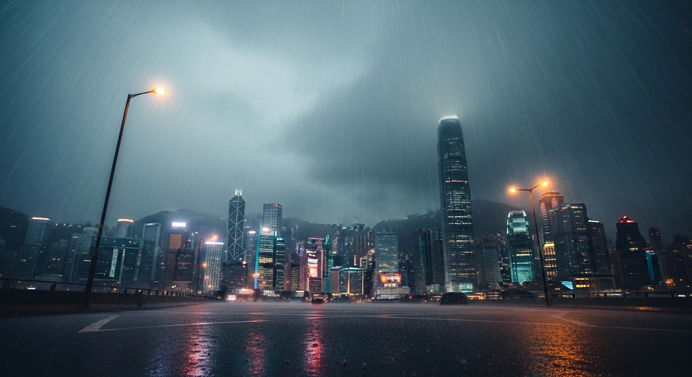 A torrential rainstorm hits the Hong Kong skyline during a Black Rainstorm Warning, causing severe weather conditions and citywide disruption.