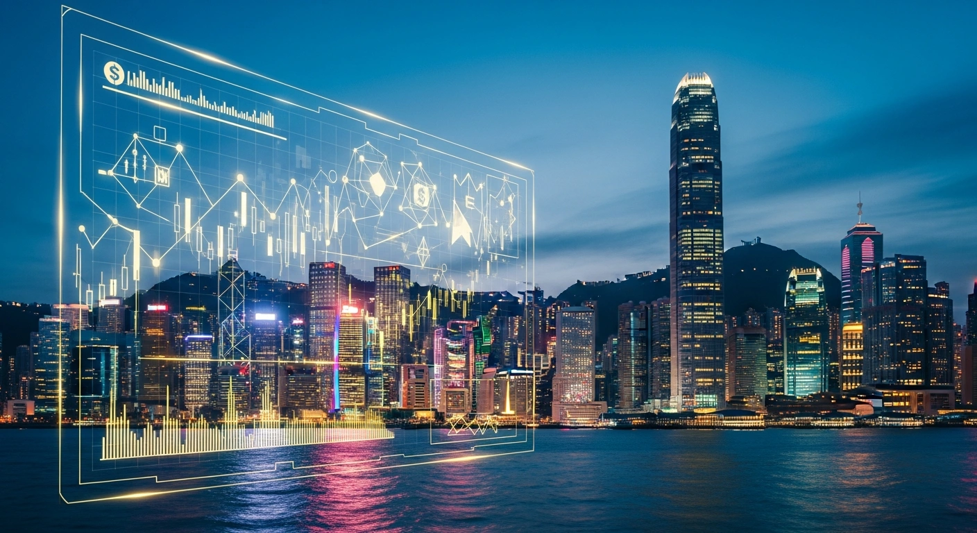 A digital visualization of global financial markets with glowing data streams set against the backdrop of the Hong Kong skyline at dusk to represent the launch of offshore Chinese government bond futures.