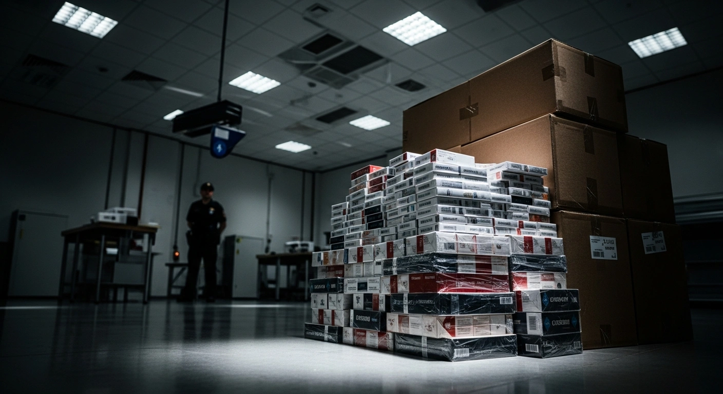 Hong Kong Customs officers inspect a large shipment of confiscated cigarettes seized at Hong Kong International Airport.