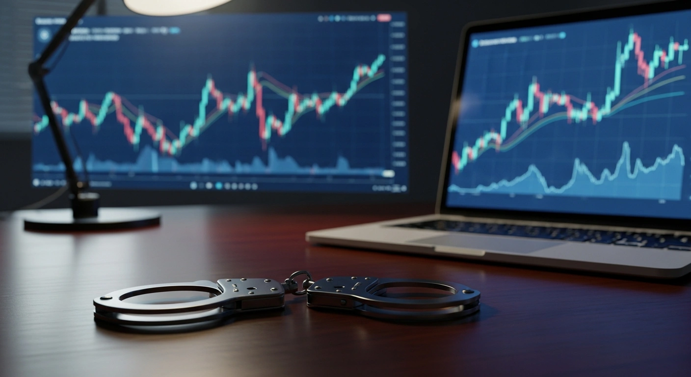 Police handcuffs lie on a desk next to a laptop displaying cryptocurrency investment charts following the arrest of six individuals in the Fun Coffee scam.