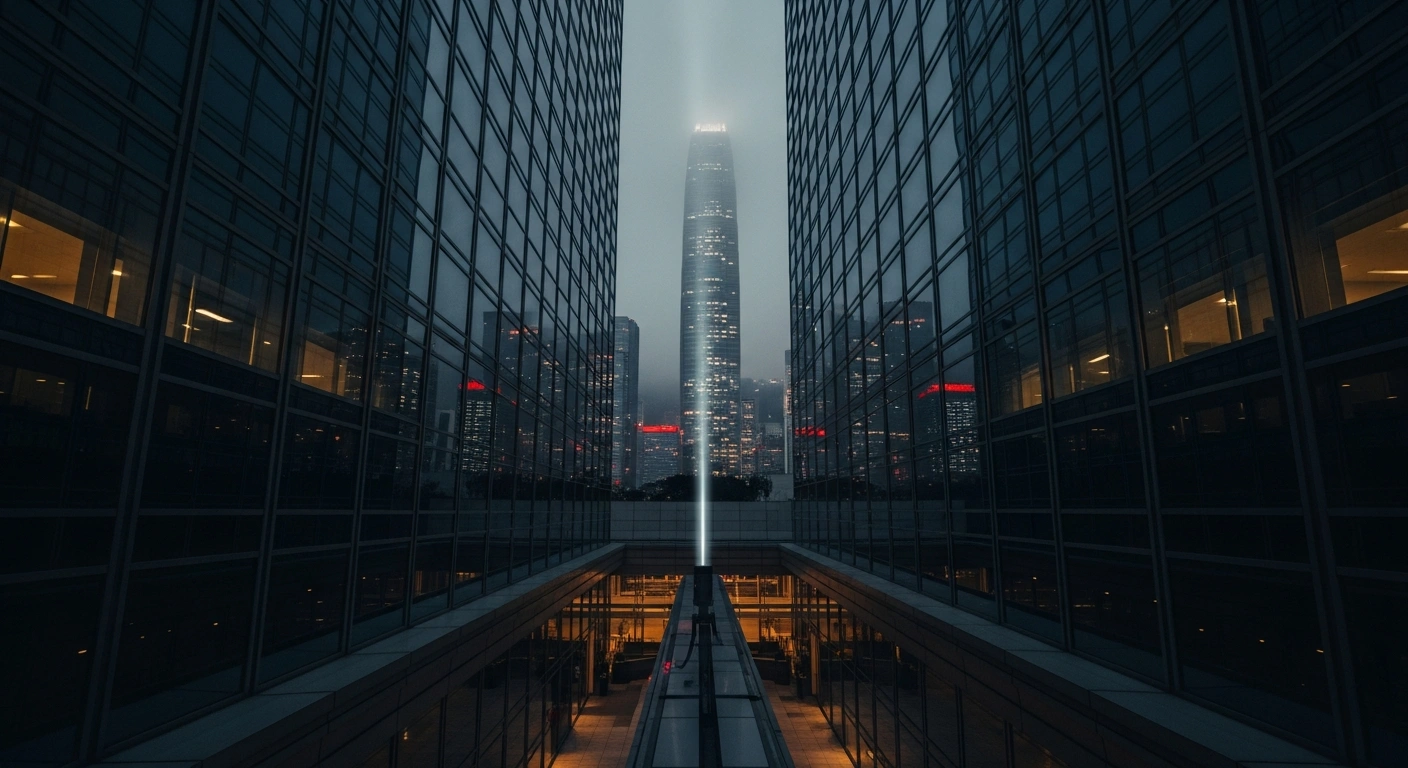 The exterior of a government building in Hong Kong stands at dusk as officials from the Ministry of Foreign Affairs protest a US security alert regarding national security legislation.