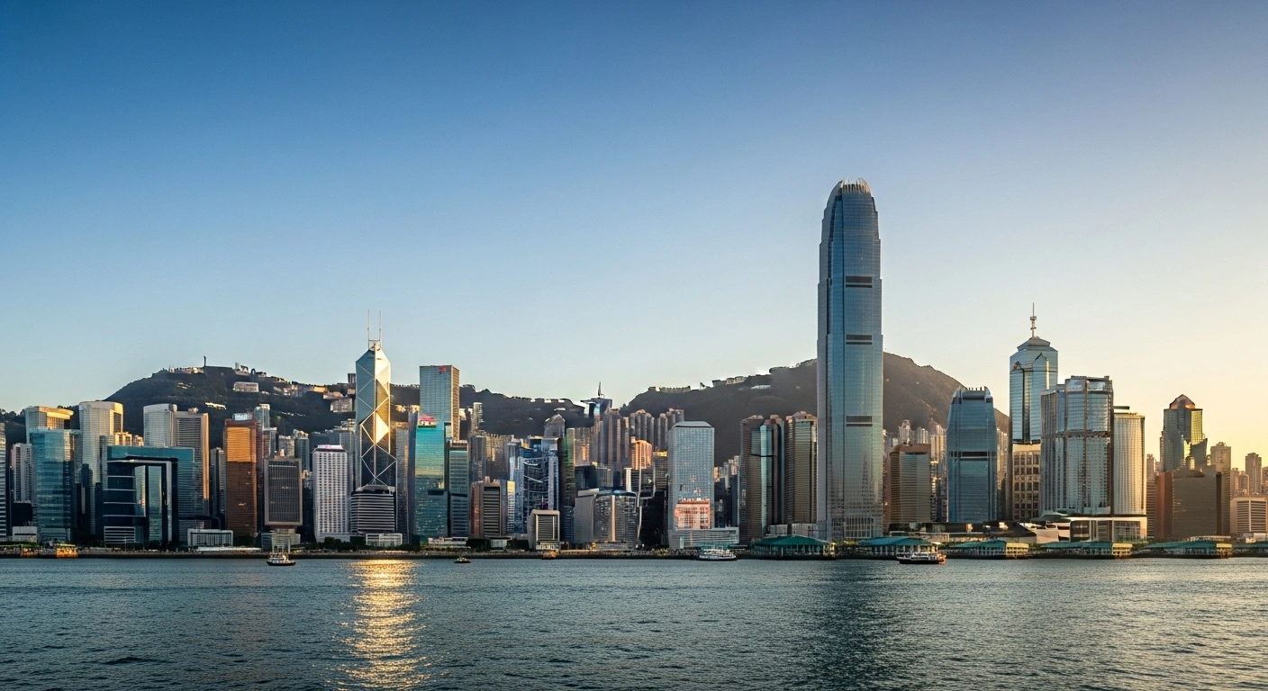 A wide-angle, low-angle shot of the Hong Kong skyline at golden hour, with towering modern skyscrapers bathed in warm light and reflected in the calm waters of Victoria Harbour, visually representing Hong Kong's Q2 2025 Balance of Payments and current account surpluses and its economic rebound.