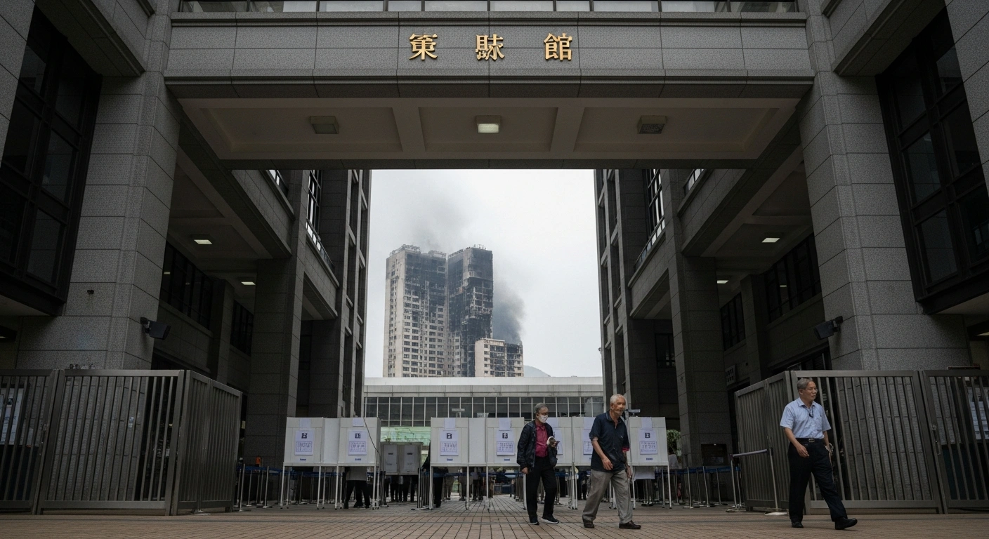 A wide shot of a somber Hong Kong polling station entrance with few voters, under overcast skies, subtly hinting at a recent deadly apartment fire and concerns about voter turnout during the city's legislative election.