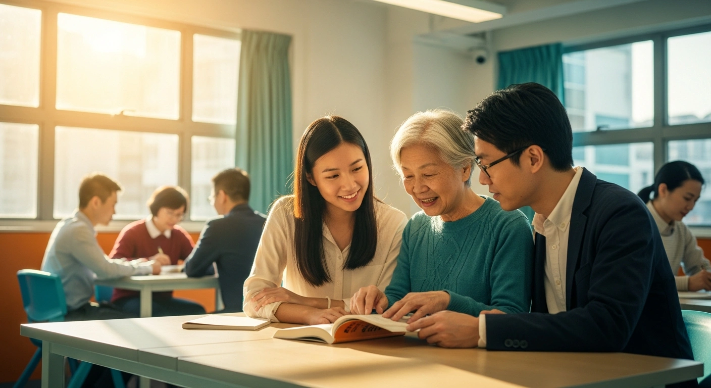 A diverse group of people participates in a community support program at a new government-funded service center in Hong Kong.