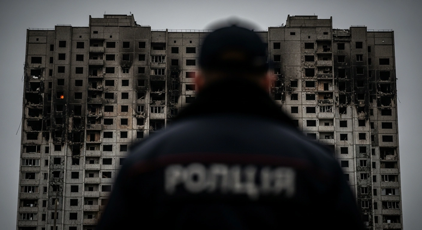 A low-angle, wide shot of the charred facade of the Wang Fuk Court apartment complex in Hong Kong, with faint smoke rising and a blurred figure in a dark uniform in the foreground, symbolizing the aftermath of a devastating fire and the presence of national security police following arrests.