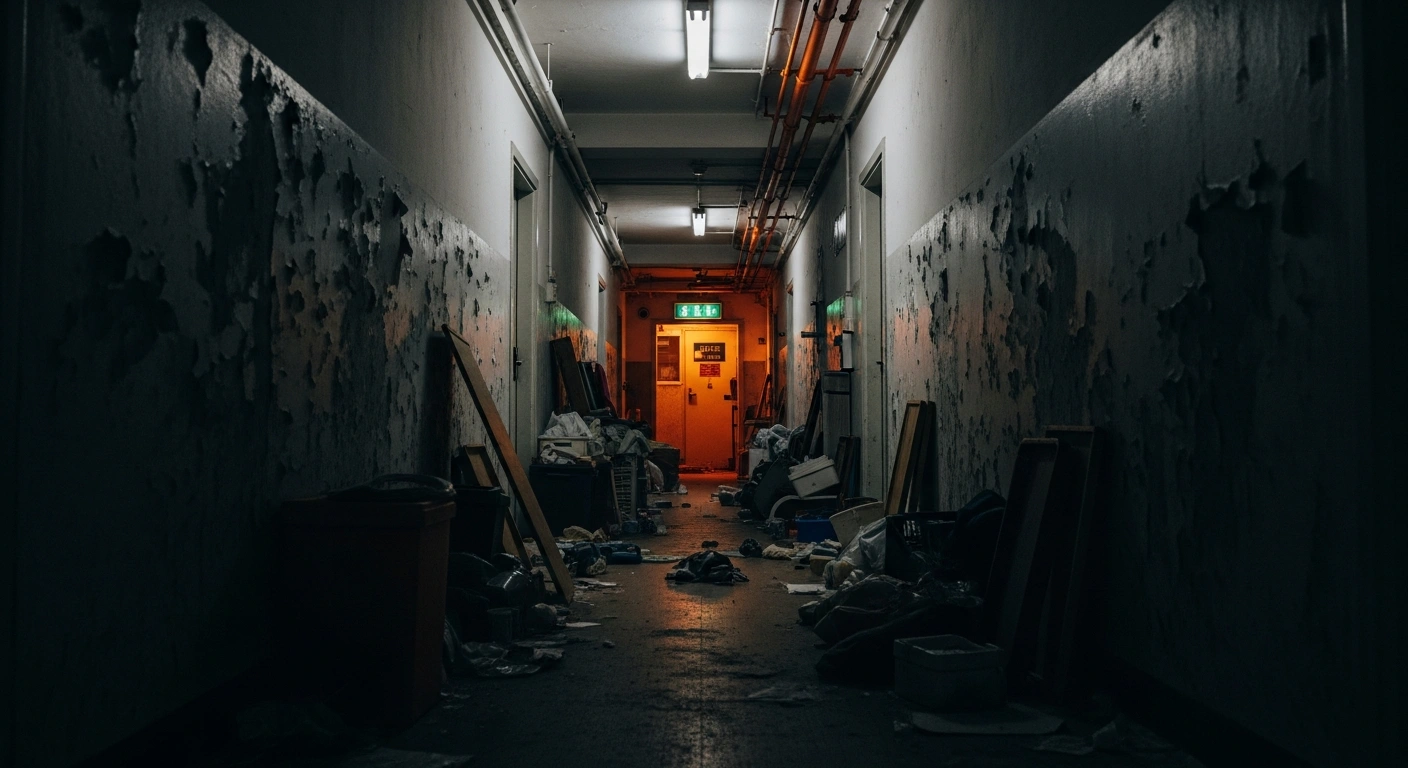 A narrow, cluttered residential hallway in a Hong Kong building serves as the focus of an inquiry into the factors that contributed to the rapid spread of the Wang Fuk Court fire.