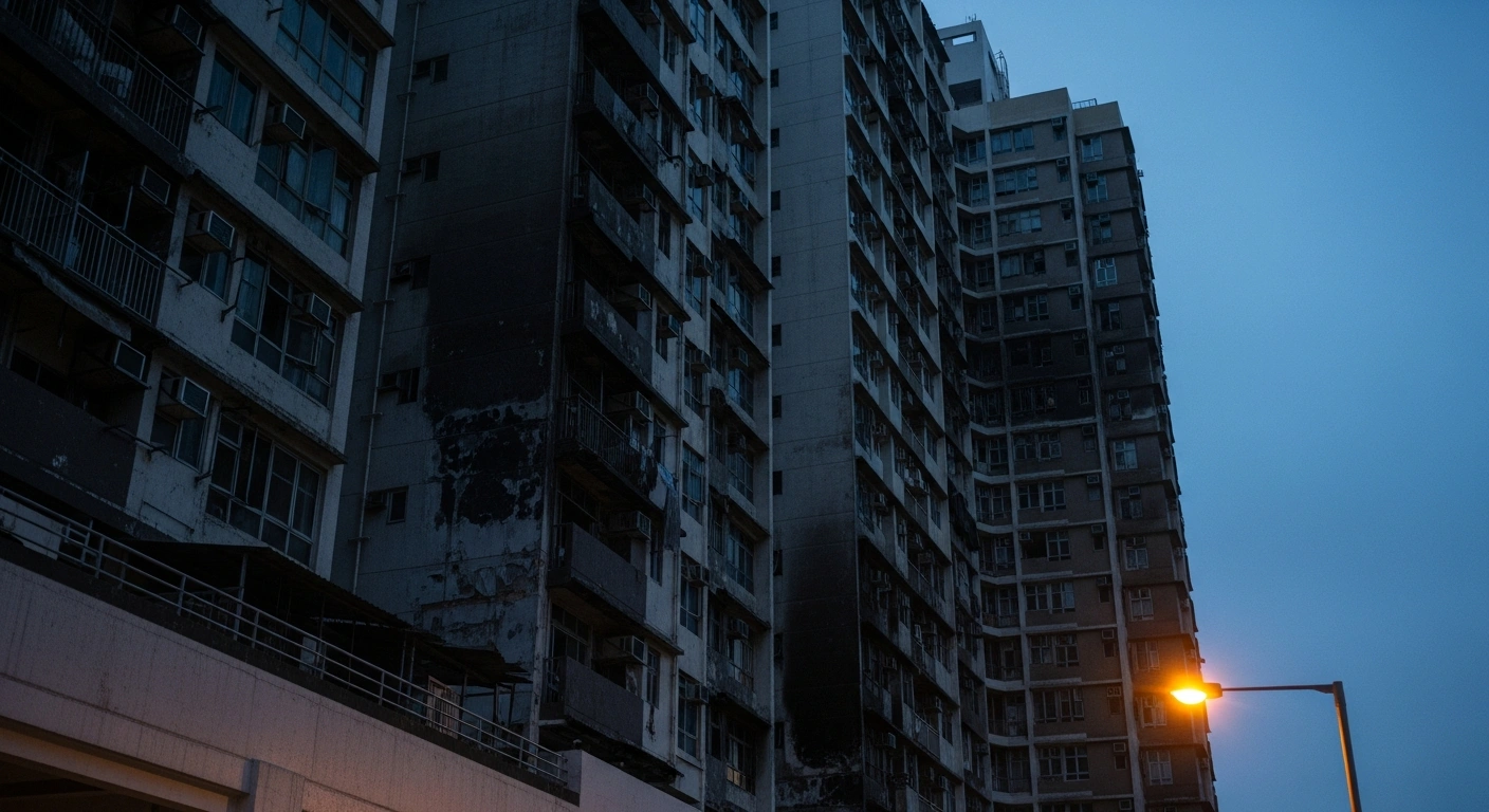 A view of the fire-damaged exterior of the Wang Fuk Court residential complex in Hong Kong during a public inquiry into the blaze.