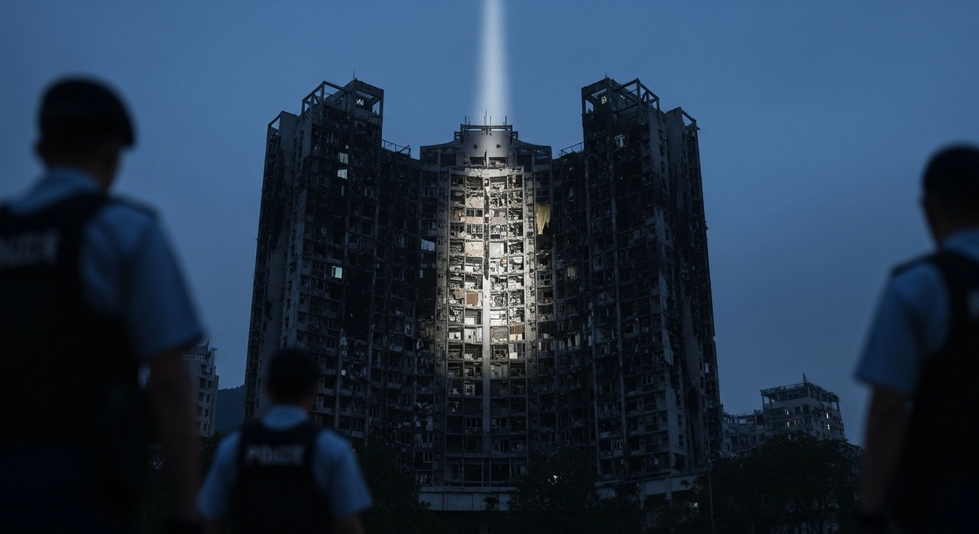A low-angle view shows the severely charred facade of a high-rise apartment building in Hong Kong's Tai Po district, illuminated by a stark spotlight, with figures in dark uniforms observing the scene, representing the aftermath of a devastating fire that killed 159 people and the subsequent political warnings and arrests in the city.